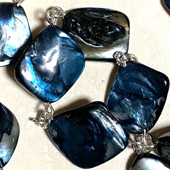 Blue Irregular Mother of Pearl Shell Necklace + Paw Print Heart Beat Pendant - Picture 7 of 13